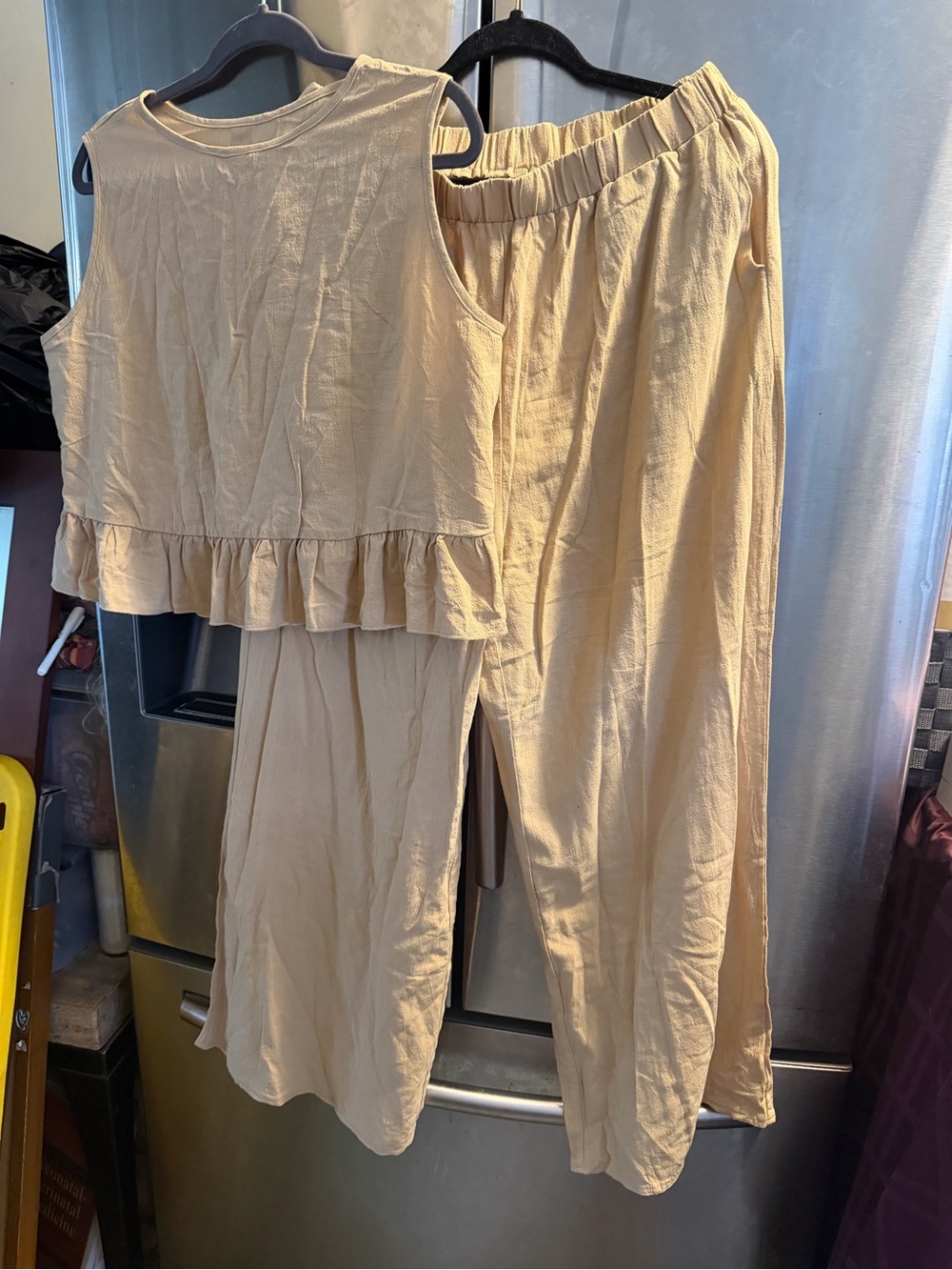 Cupshe Beige Sleeveless Ruffle-Hem Tank & Wide-Leg Pants Set